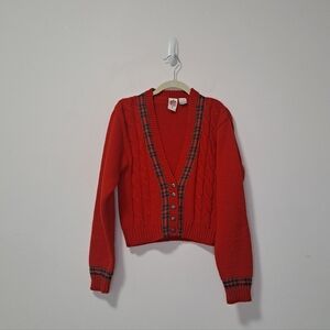 Vintage Knit Buttondown Cardigan Red Plaid Small
